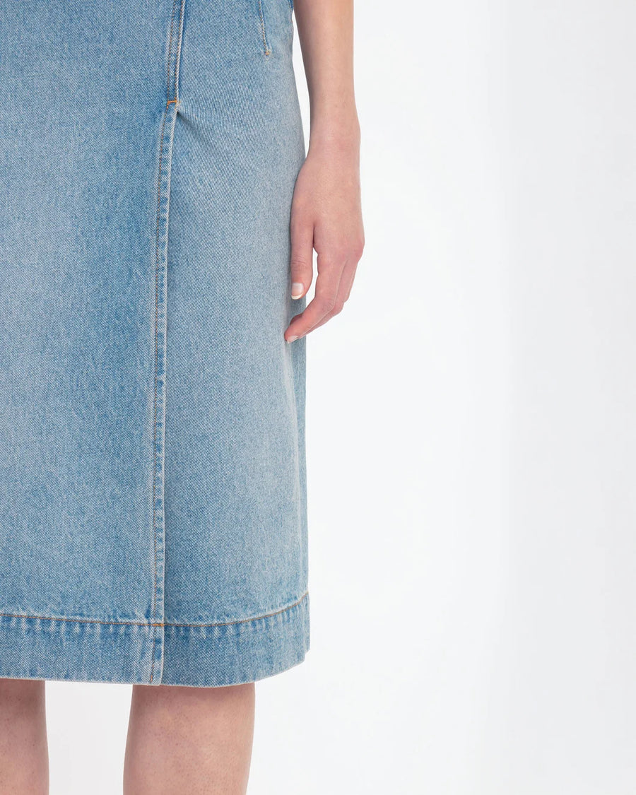 victoria beckham denim wrap detail skirt pale blue wash on figure front detail