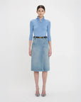 victoria beckham denim wrap detail skirt pale blue wash on figure front