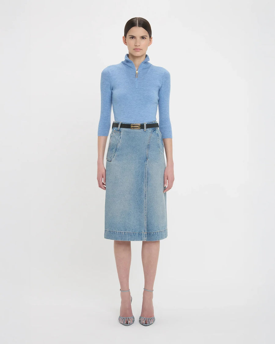 victoria beckham denim wrap detail skirt pale blue wash on figure front