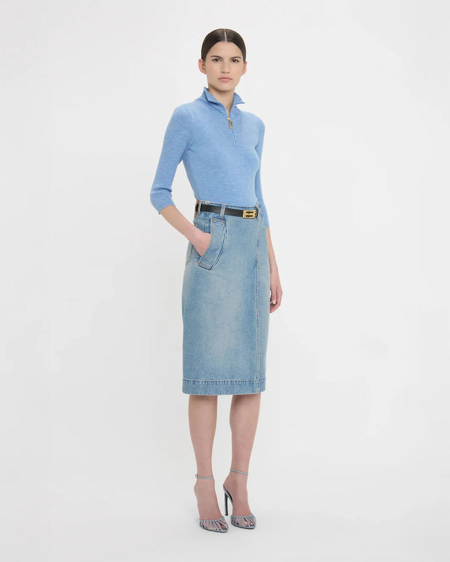 victoria beckham denim wrap detail skirt pale blue wash on figure side