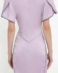 victoria beckham gathered v neck midi dress petunia on figure. back detail