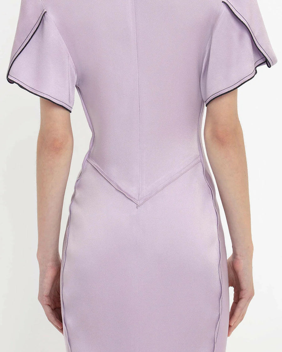 victoria beckham gathered v neck midi dress petunia on figure. back detail