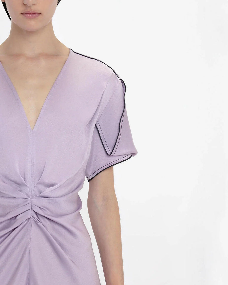 victoria beckham gathered v neck midi dress petunia on figure front detail