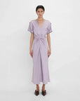 victoria beckham gathered v neck midi dress petunia on figure front