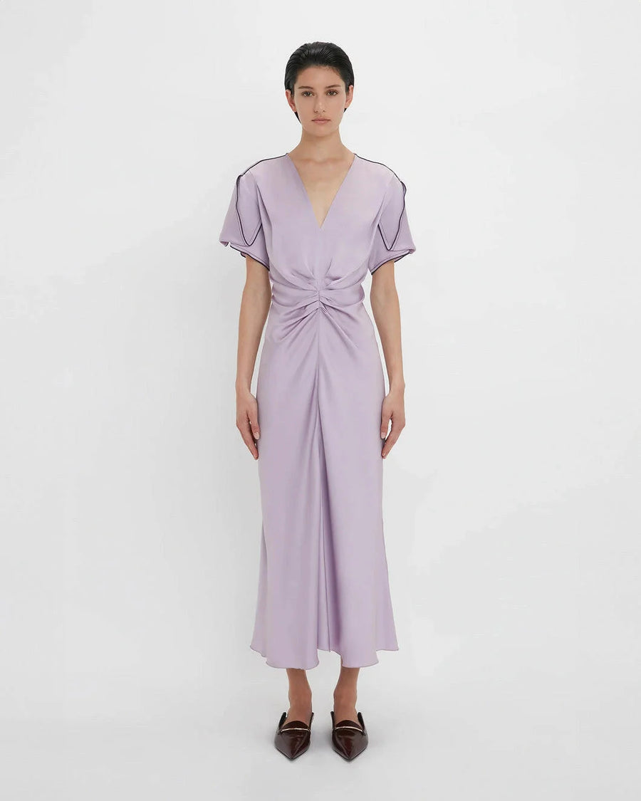 victoria beckham gathered v neck midi dress petunia on figure front