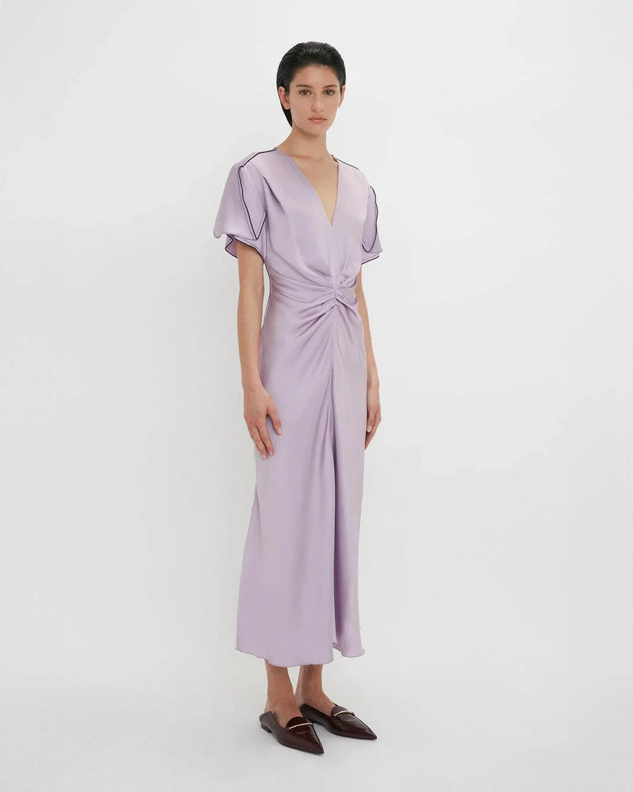 victoria beckham gathered v neck midi dress petunia on figure side