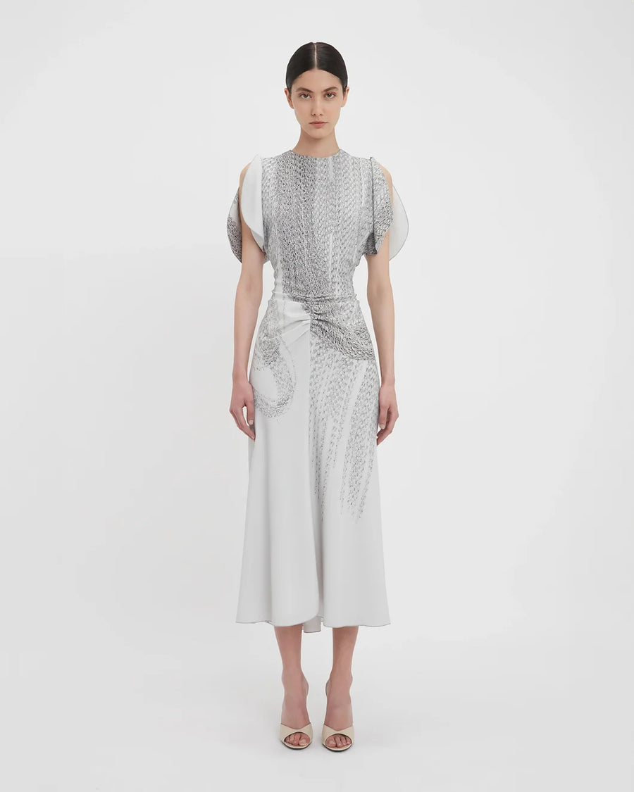 victoria beckham Gathered Waist Midi Dress Grey Mist/Silver on figure front