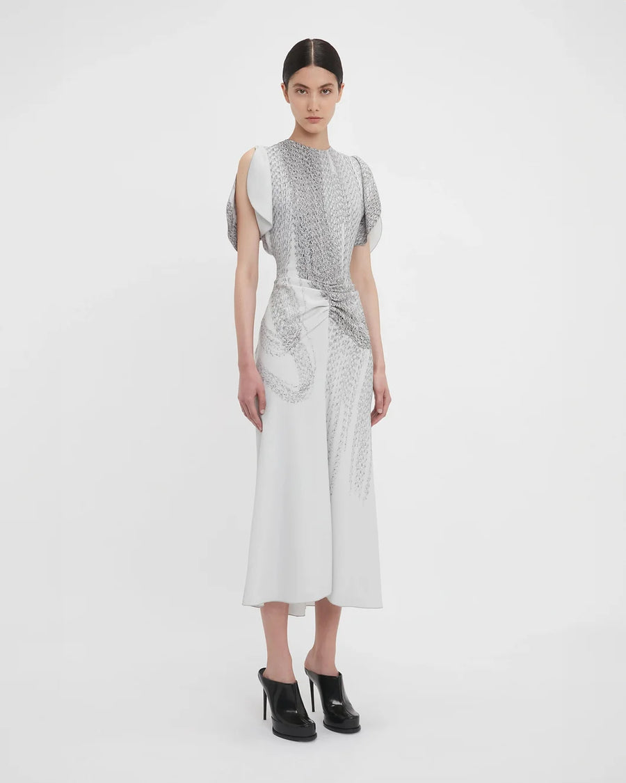 victoria beckham Gathered Waist Midi Dress Grey Mist/Silver on figure side