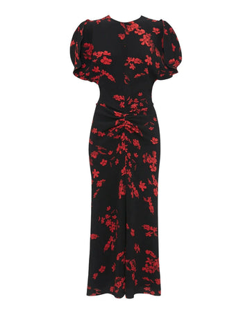 victoria beckham gathered waist midi dress sci fi floral isolated