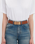 victoria beckham Jumbo BBuckle Belt tan on figure