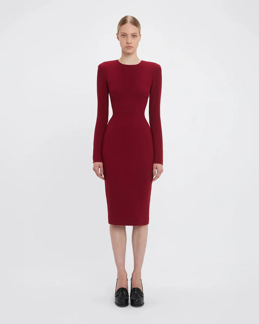 victoria beckham Long Sleeve T-Shirt Fitted Dress oxblood red on figure front