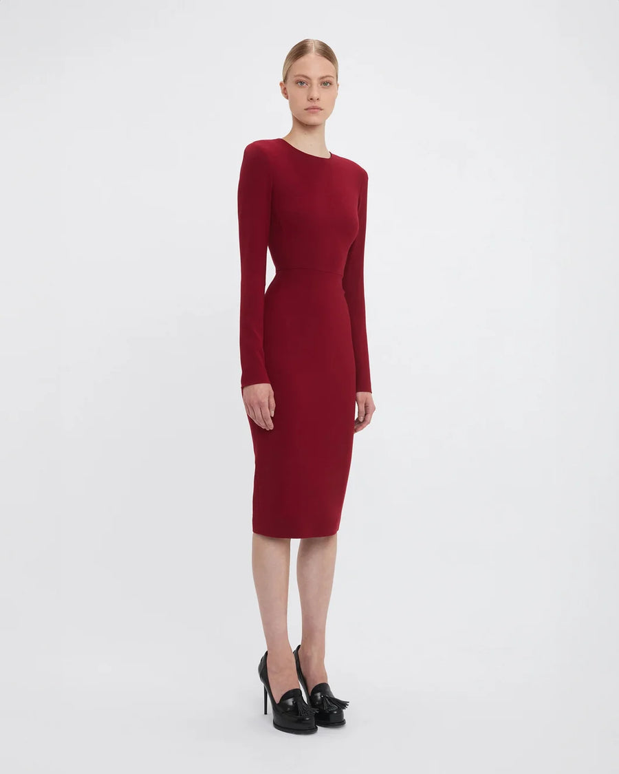 victoria beckham Long Sleeve T-Shirt Fitted Dress oxblood red on figure side