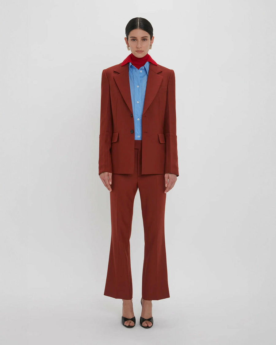 victoria beckham wide cropped flare trouser in russet on figure frontvictoria beckham sleeve detail pocket jacket in russet on figure front