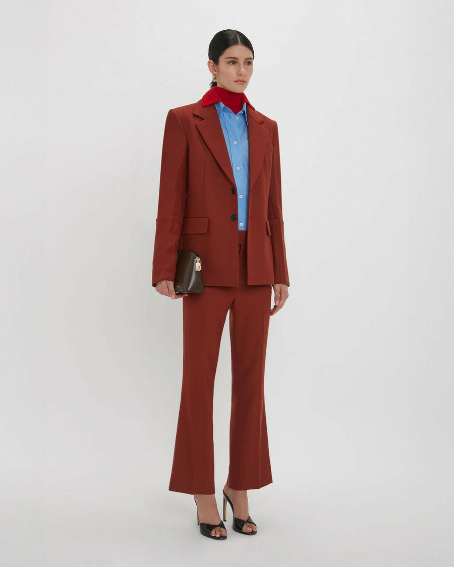 victoria beckham wide cropped flare trouser in russet on figure side