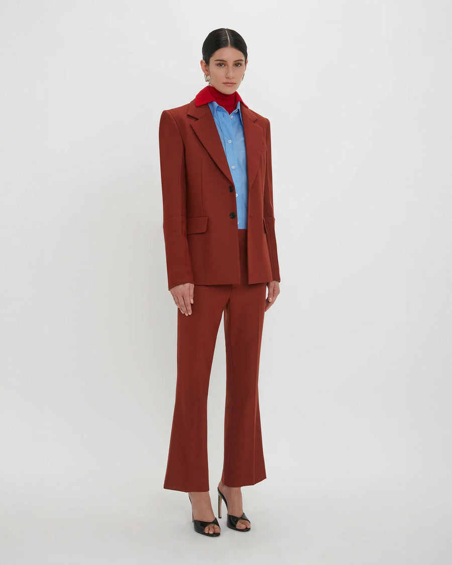 victoria beckham wide cropped flare trouser in russet on figure side