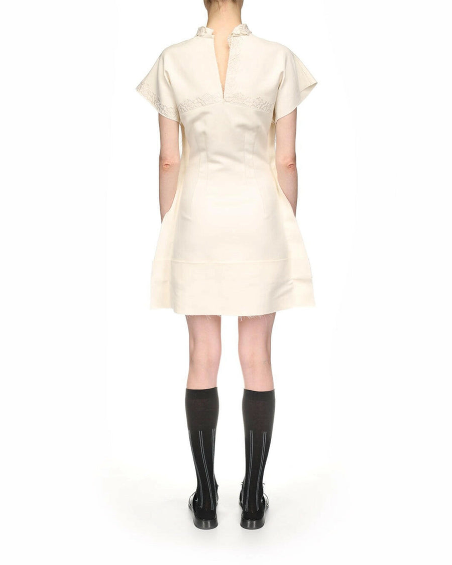 VICTORIA BECKHAM CAP SLEEVE EMBROIDERED mini dress textured linen antique white dress on figure back