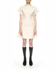 VICTORIA BECKHAM CAP SLEEVE EMBROIDERED MINI DRESS TEXTURED LINEN ANTIQUE WHITE DRESS ON FIGURE FRONT