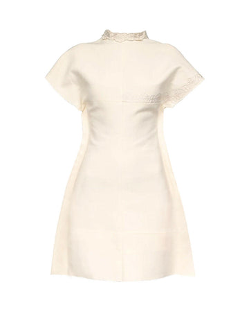 VICTORIA BECKHAM cap sleeve embroidered mini dress textured linen antique white dress