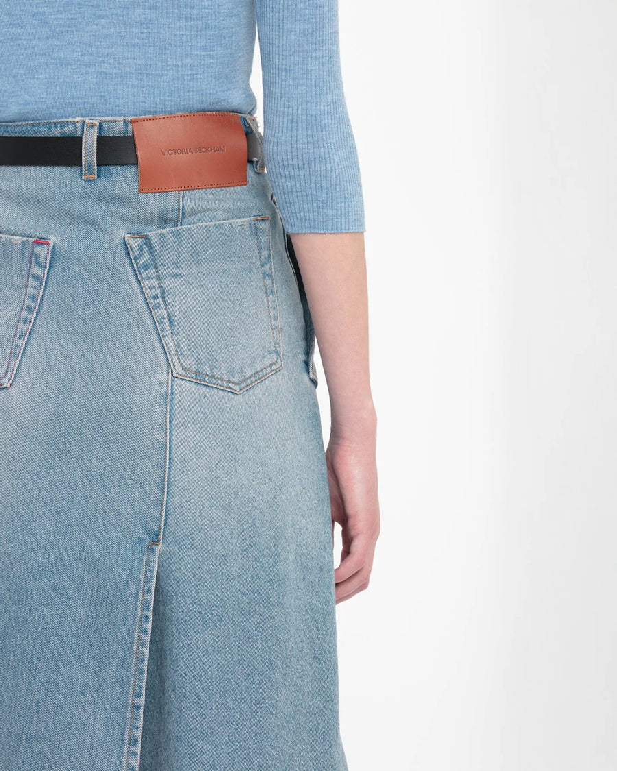 victoria beckham denim wrap detail skirt pale blue wash on figure back detail