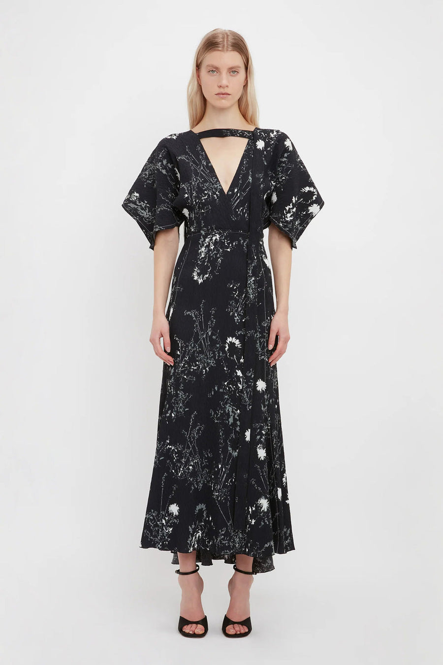victoria beckham kimono sleeve printed dress in black figure front