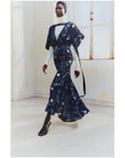 victoria beckham v neck bias godet dress black floral figure front