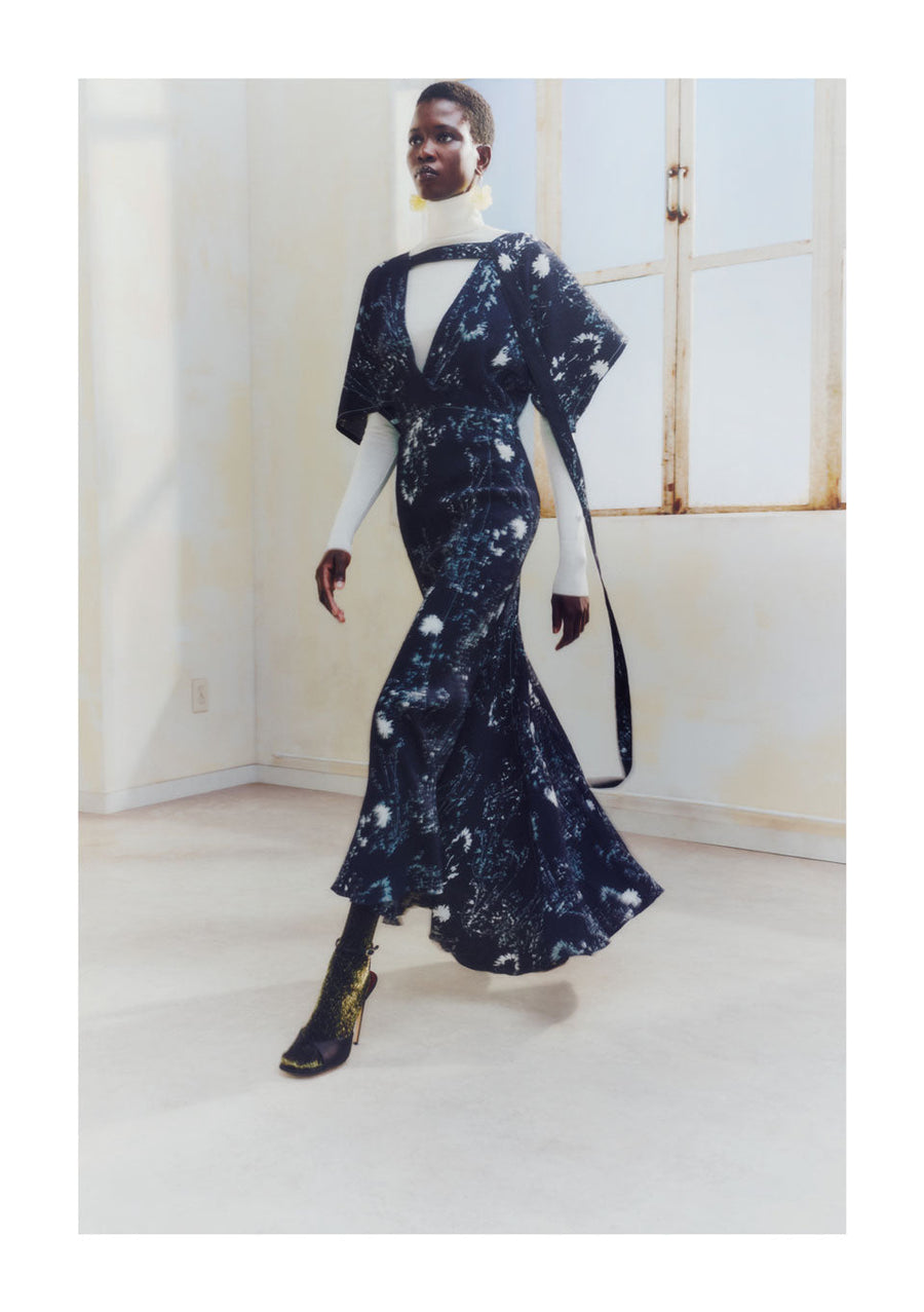 victoria beckham v neck bias godet dress black floral figure front