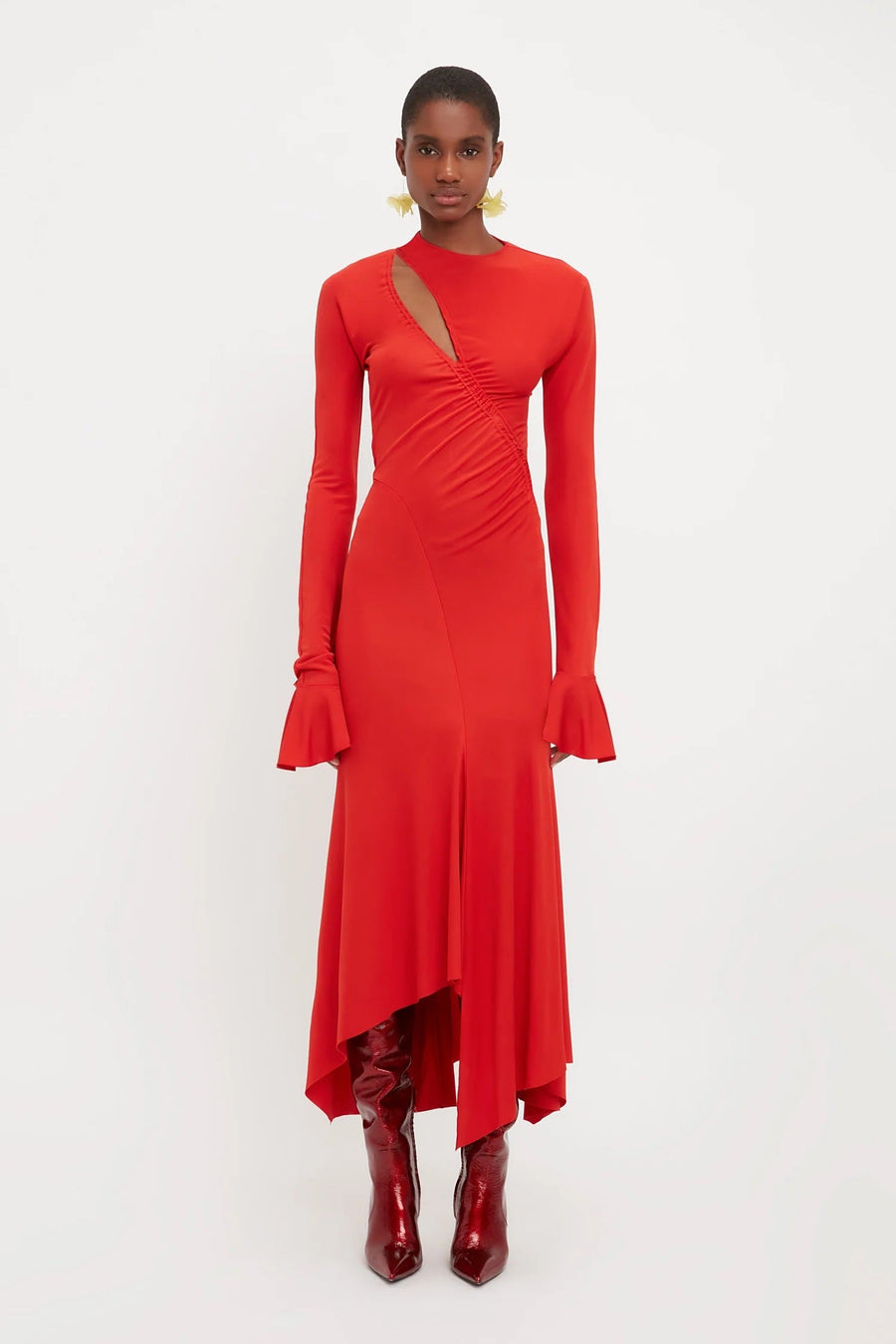 victoria beckham Asymmetric Slash Jersey Dress red figure front