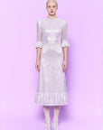 the vampire's wife falconetti dress, silver midi, on figure, styled front
