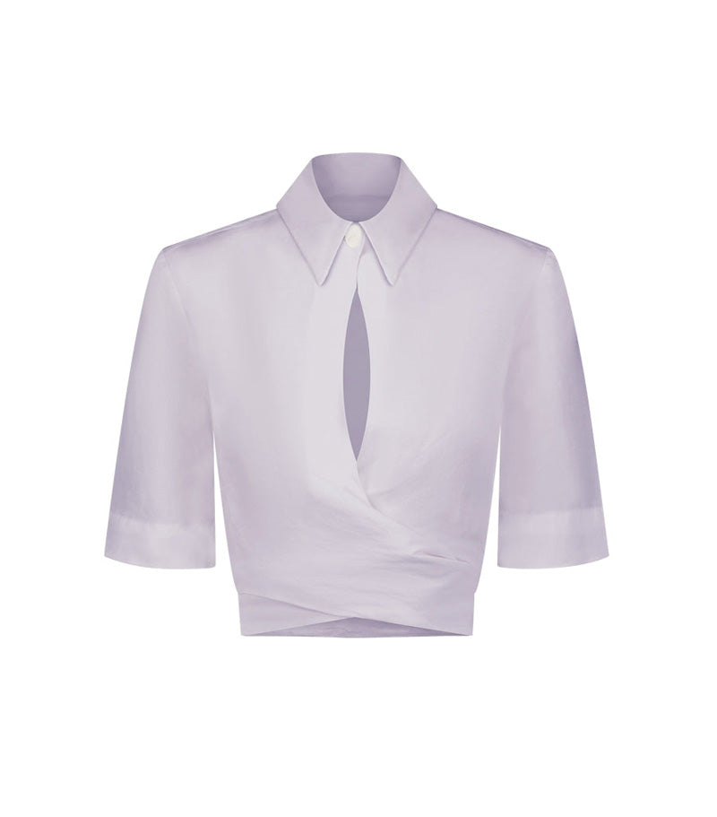 matthew bruch collared wrap top lavender front